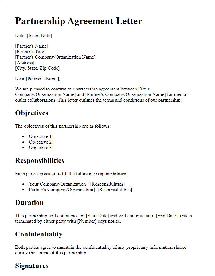 Letter template of partnership agreement for media outlet collaborations