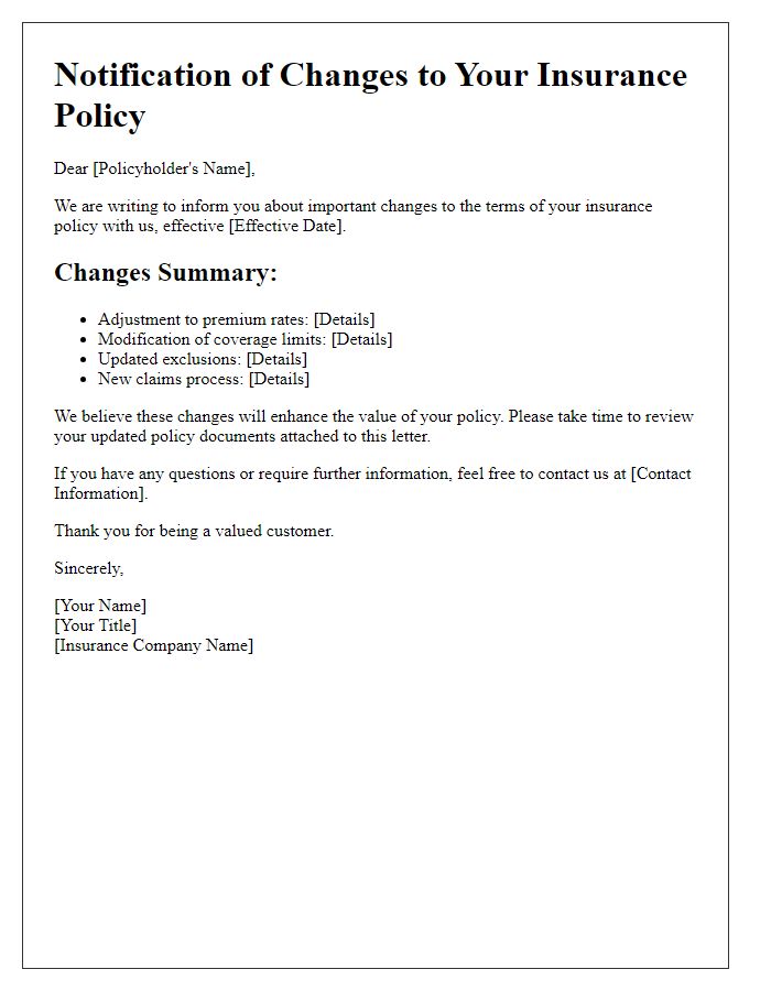 Letter template of changes in insurance policy terms