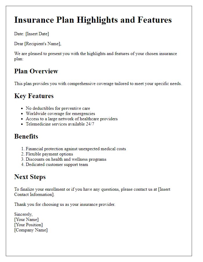 Letter template of insurance plan highlights and features