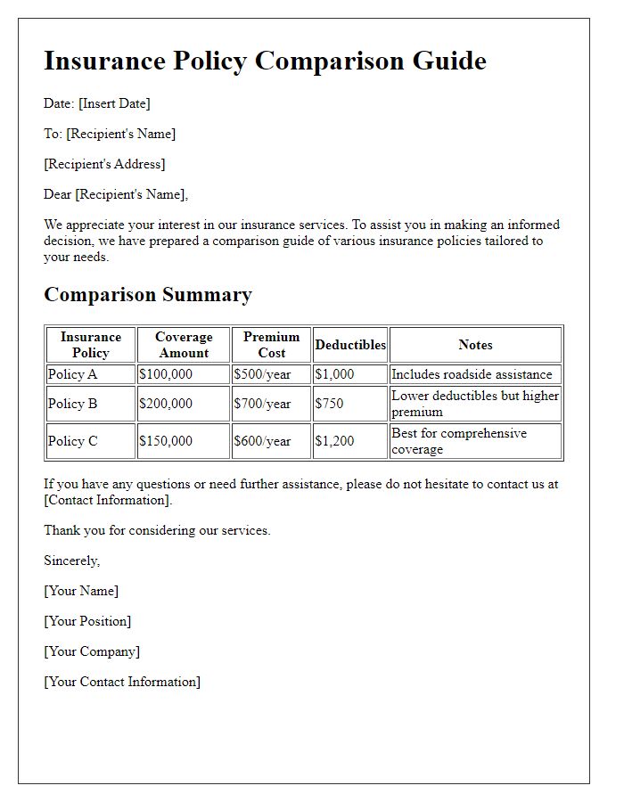 Letter template of insurance policy comparison guide