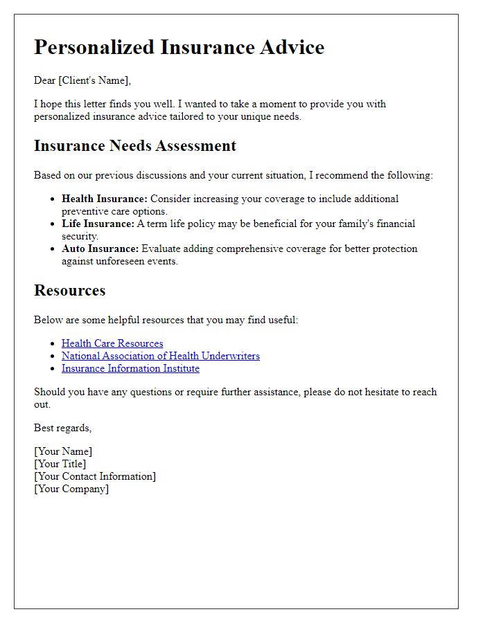 Letter template of personalized insurance advice and resources