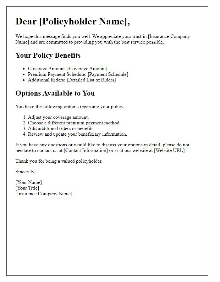 Letter template of policyholder benefits and options