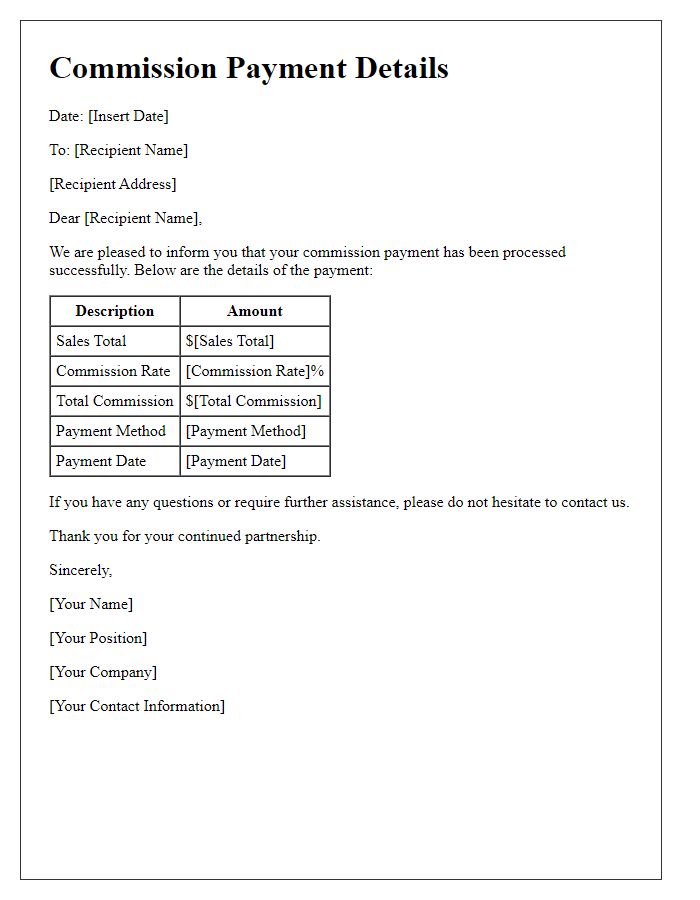 Letter template of commission payment details.