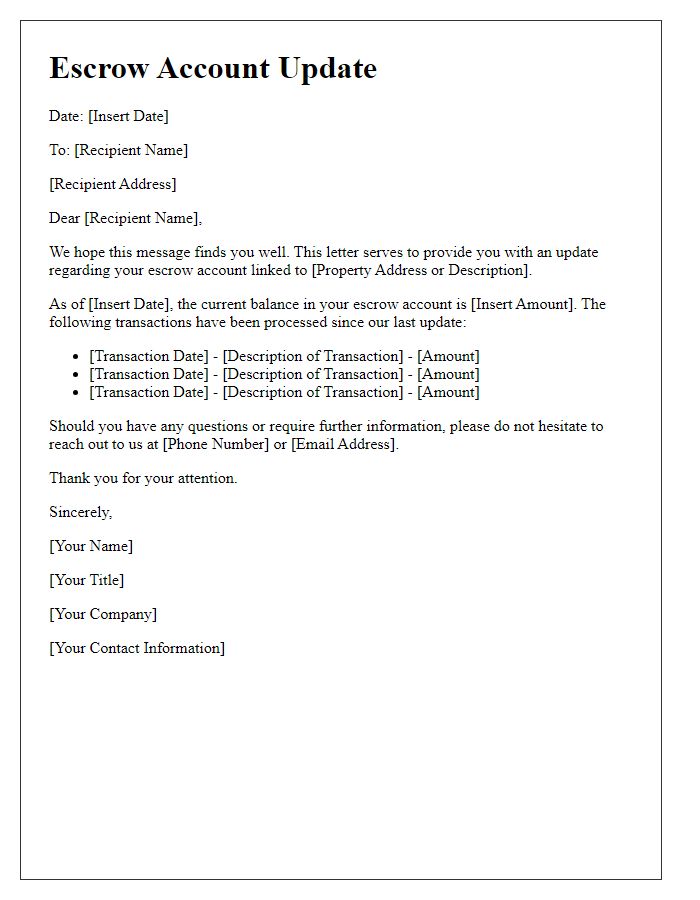 Letter template of escrow account update.