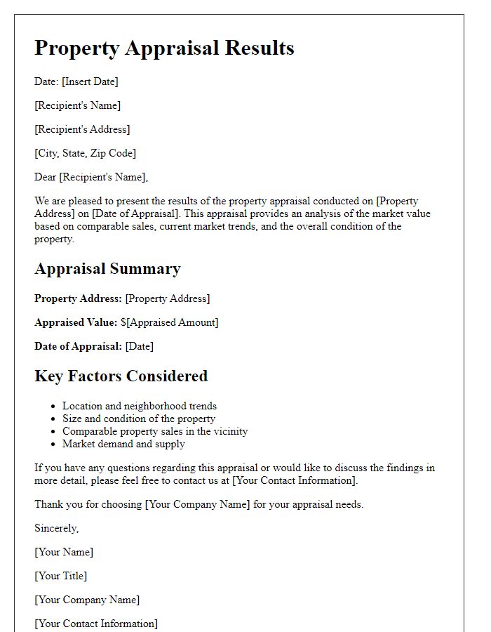 Letter template of property appraisal results.