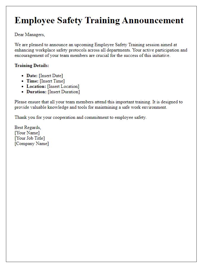 Letter template of Employee Safety Training Announcement for Managers