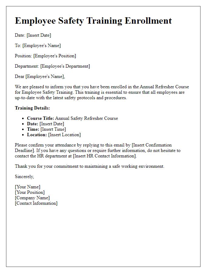 Letter template of Employee Safety Training Enrollment for Annual Refresher Course