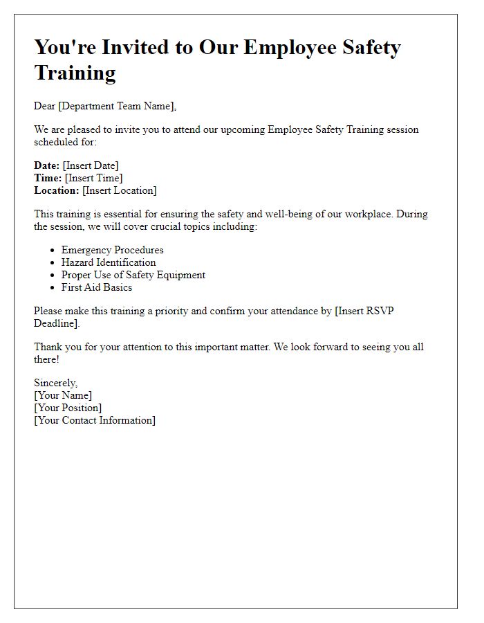 Letter template of Employee Safety Training Invitation for Departmental Teams