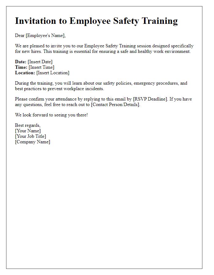 Letter template of Employee Safety Training Invitation for New Hires