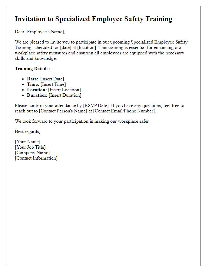 Letter template of Employee Safety Training Invitation for Specialized Training