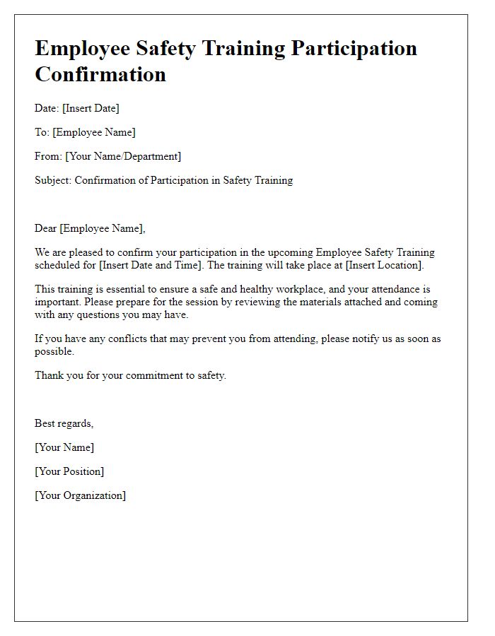 Letter template of Employee Safety Training Participation Confirmation