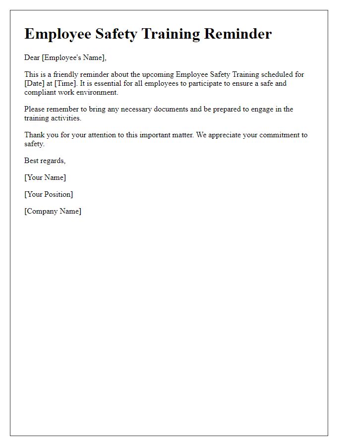 Letter template of Employee Safety Training Reminder for Ongoing Training