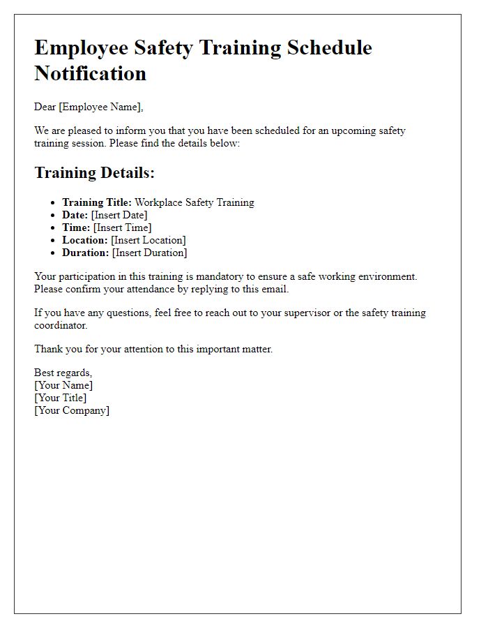 Letter template of Employee Safety Training Schedule Notification