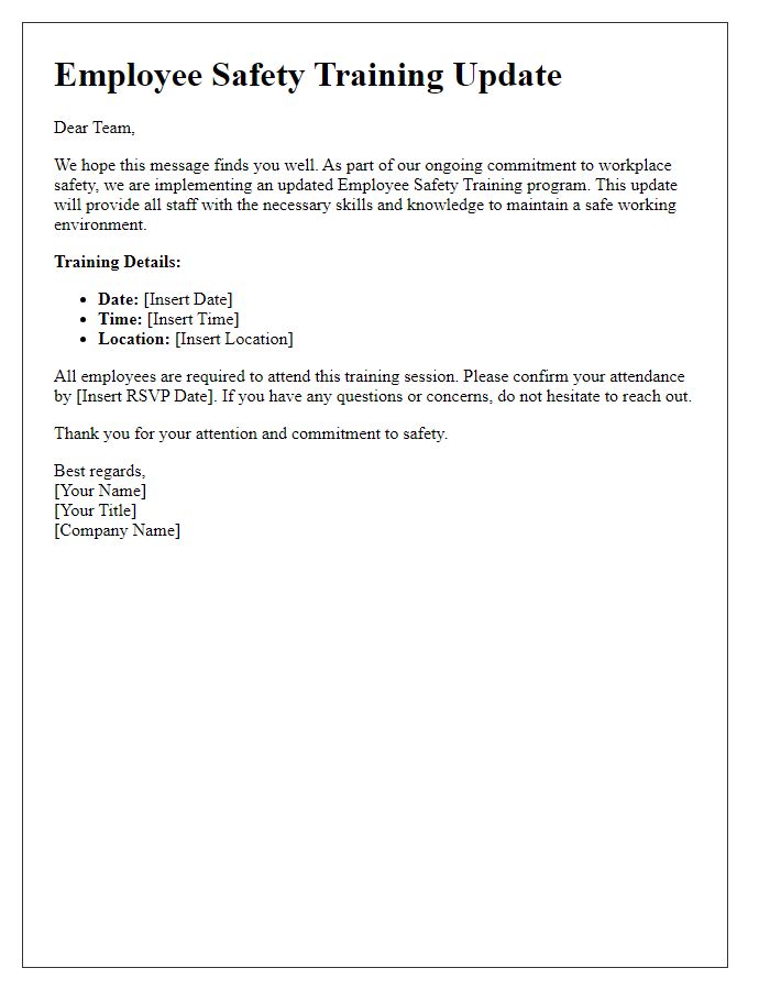 Letter template of Employee Safety Training Update for All Staff