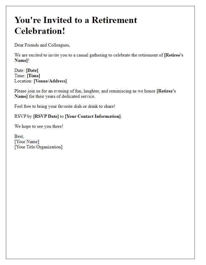 Letter template of retirement celebration invitation for a casual gathering