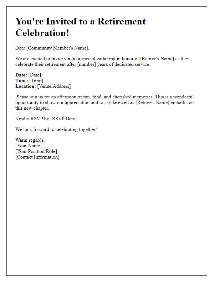 Letter template of retirement celebration invitation for a community gathering