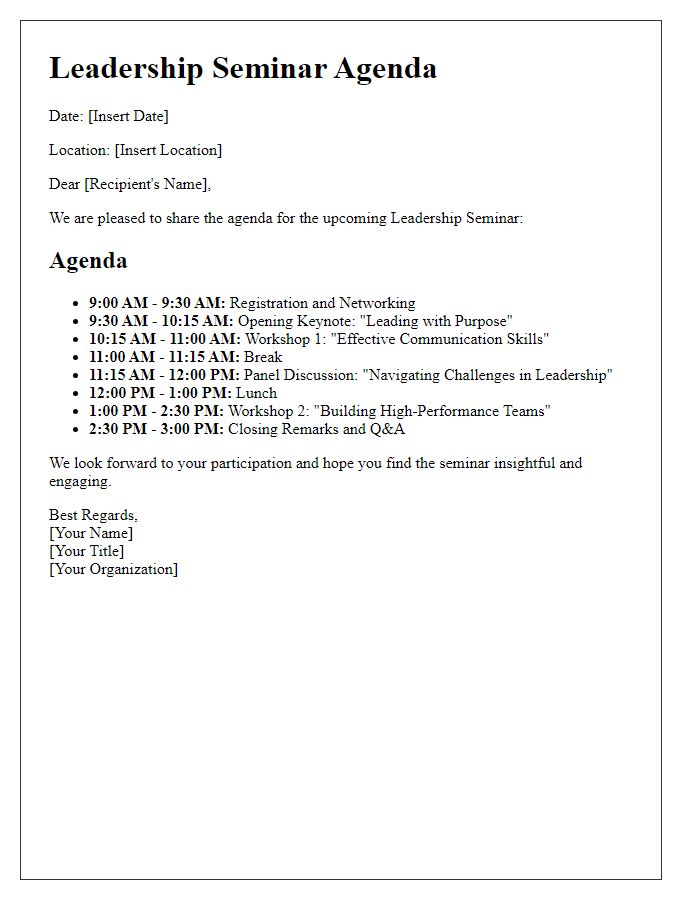 Letter template of agenda for leadership seminar distribution