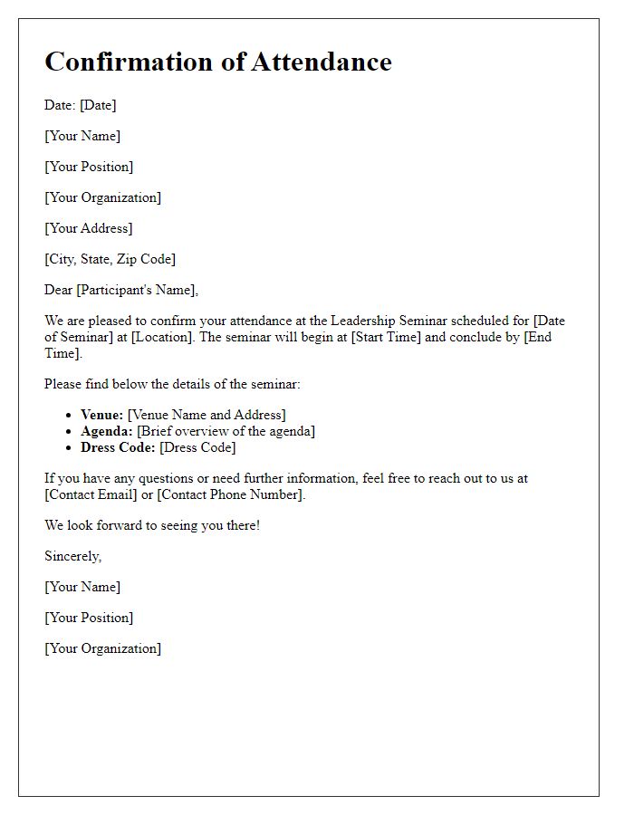 Letter template of confirmation for leadership seminar attendance