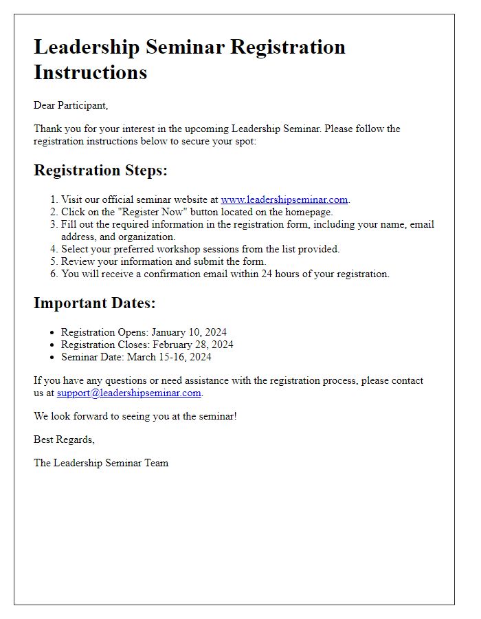 Letter template of registration instructions for leadership seminar