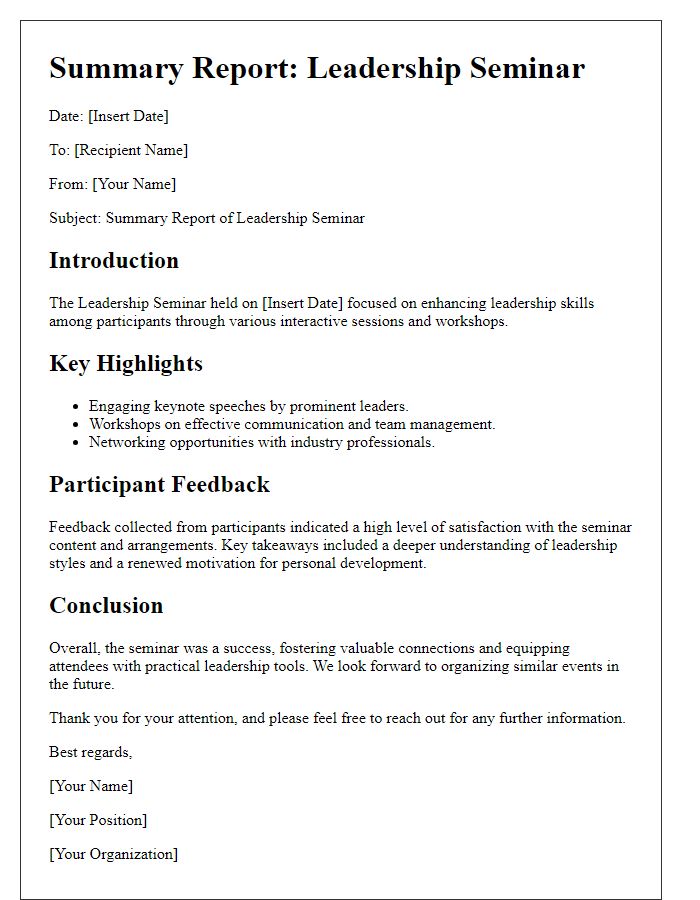 Letter template of summary report after leadership seminar