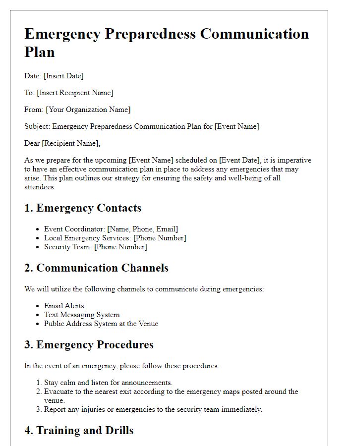 Letter template of emergency preparedness communication plans for events