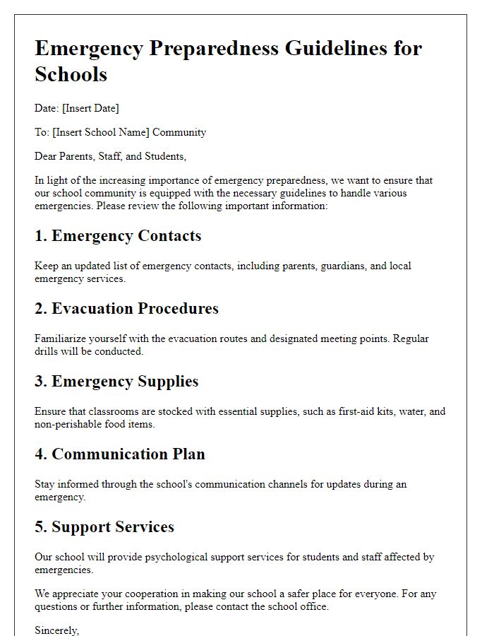 Letter template of emergency preparedness guidelines for schools