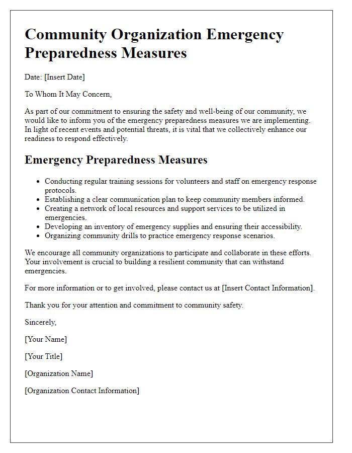 Letter template of emergency preparedness measures for community organizations