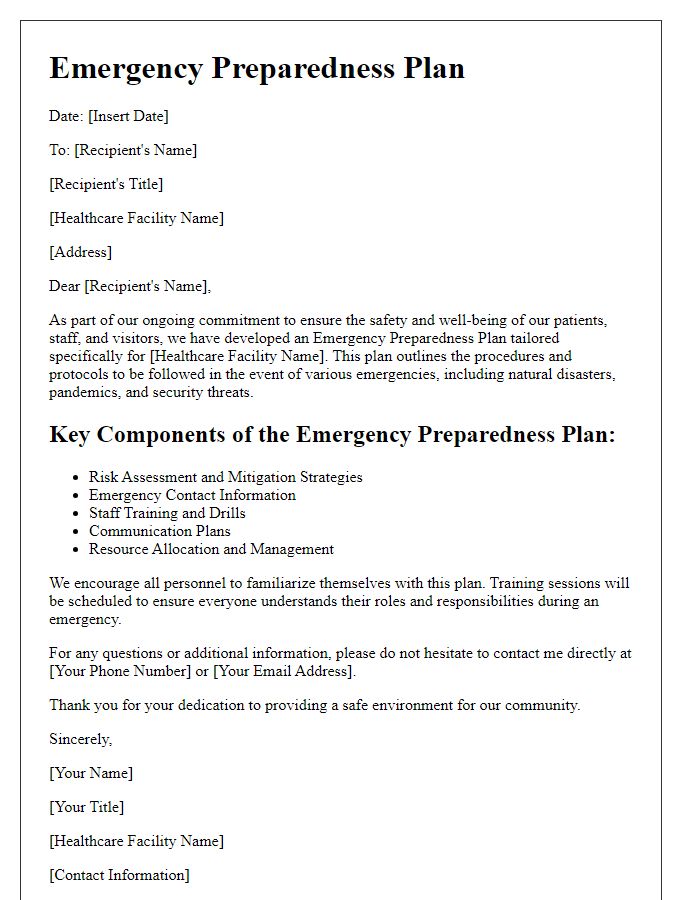 Letter template of emergency preparedness plans for healthcare facilities