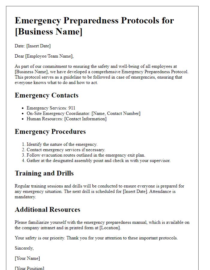 Letter template of emergency preparedness protocols for businesses