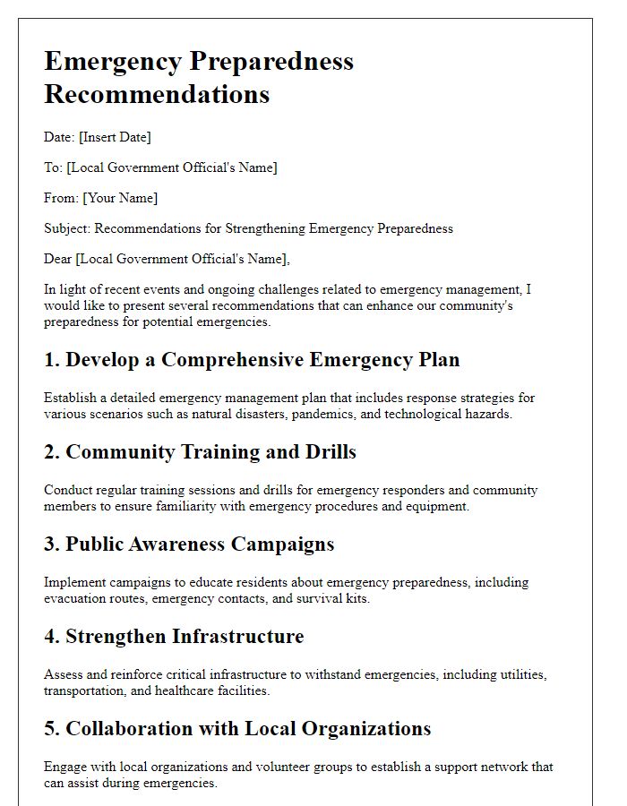 Letter template of emergency preparedness recommendations for local governments