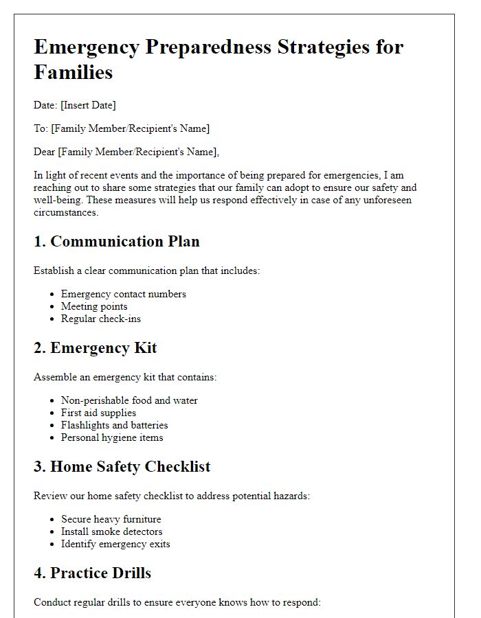 Letter template of emergency preparedness strategies for families