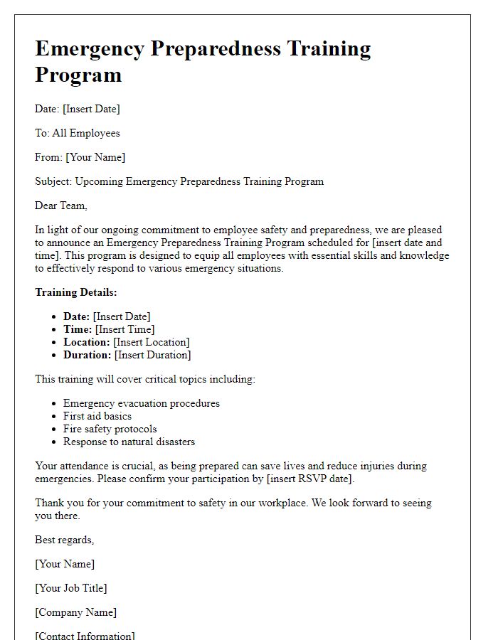 Letter template of emergency preparedness training programs for employees