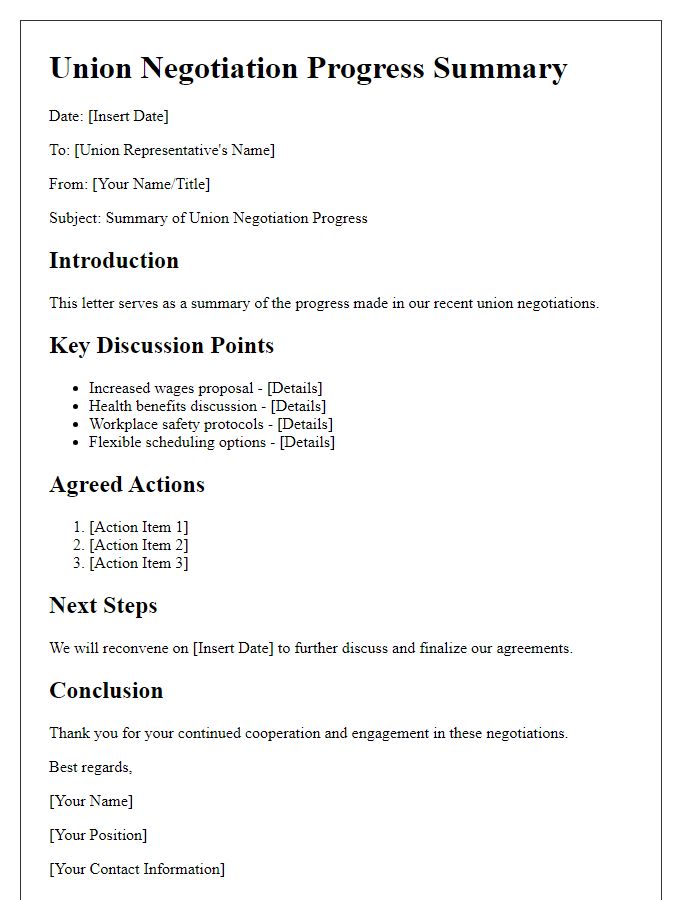 Letter template of union negotiation progress summary