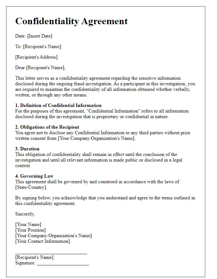 Letter template of confidentiality agreement for fraud investigation