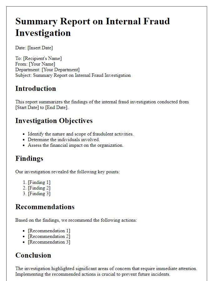 Letter template of summary report on internal fraud investigation