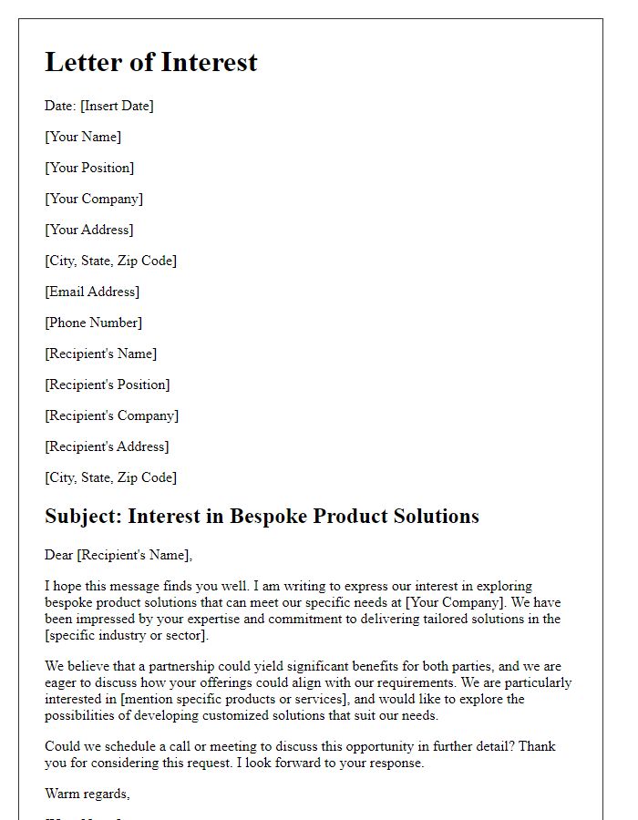 Letter template of interest in bespoke product solutions.