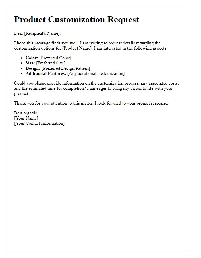 Letter template of message for product customization details.