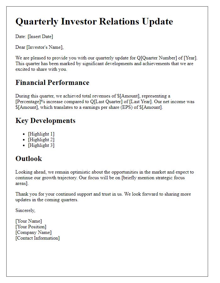 Letter template of quarterly investor relations update