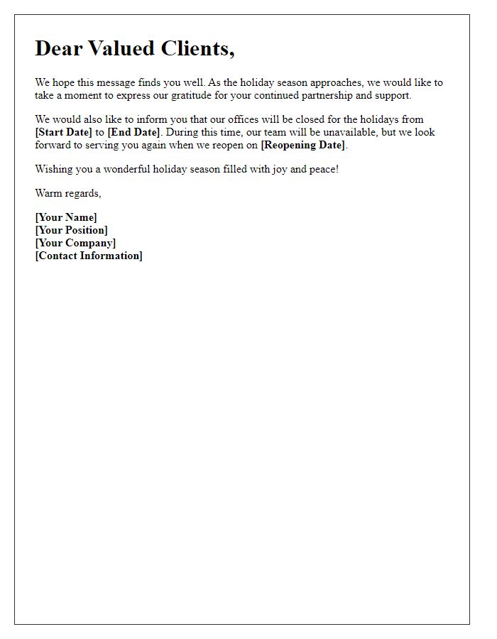 Letter template of holiday announcement for valued clients