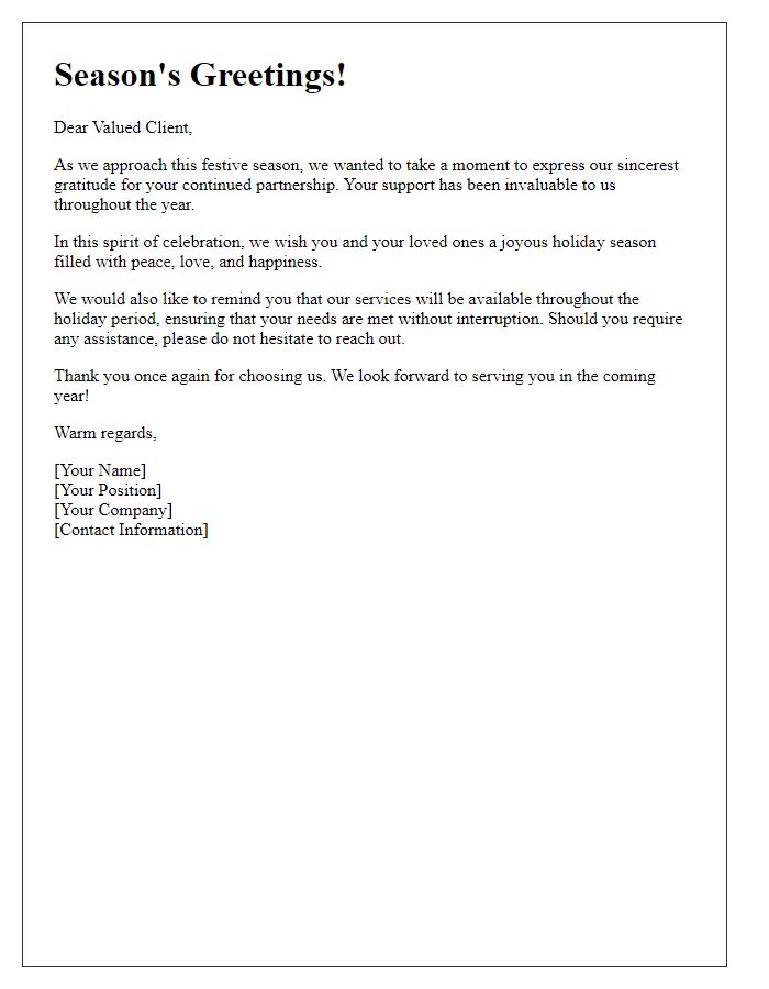 Letter template of holiday greeting and service reminder to clients