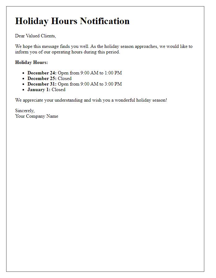 Letter template of holiday hours information for clients