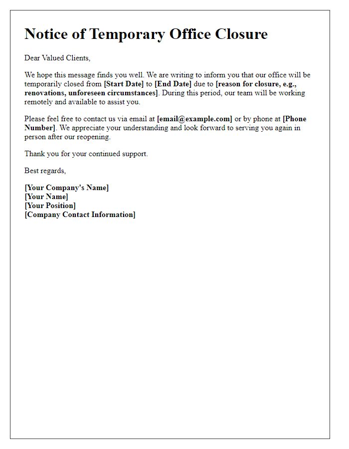 Letter template of temporary office closure announcement for clients