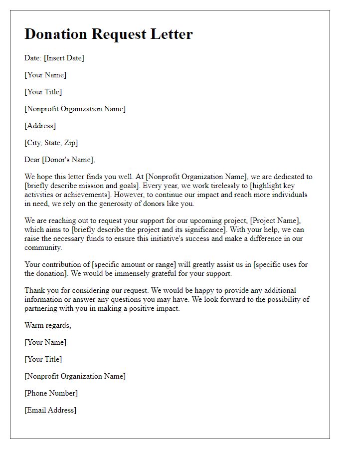 Letter template of a formal donation request for a nonprofit organization.