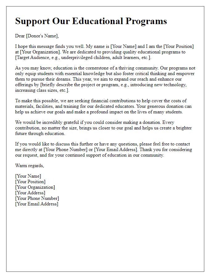 Letter template of an informative donation request for educational programs.