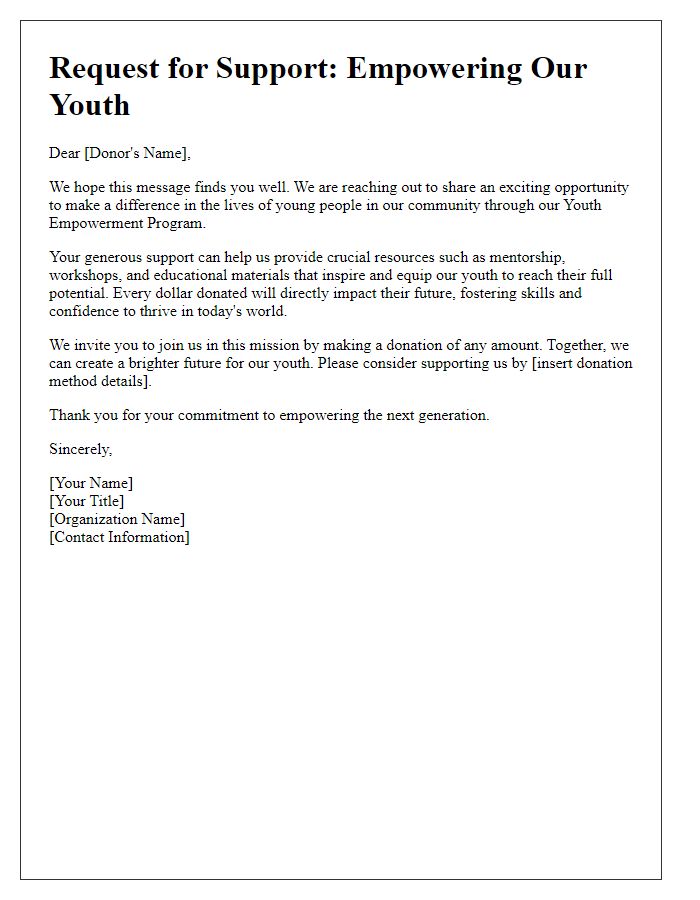 Letter template of a motivating donation request for youth empowerment programs.