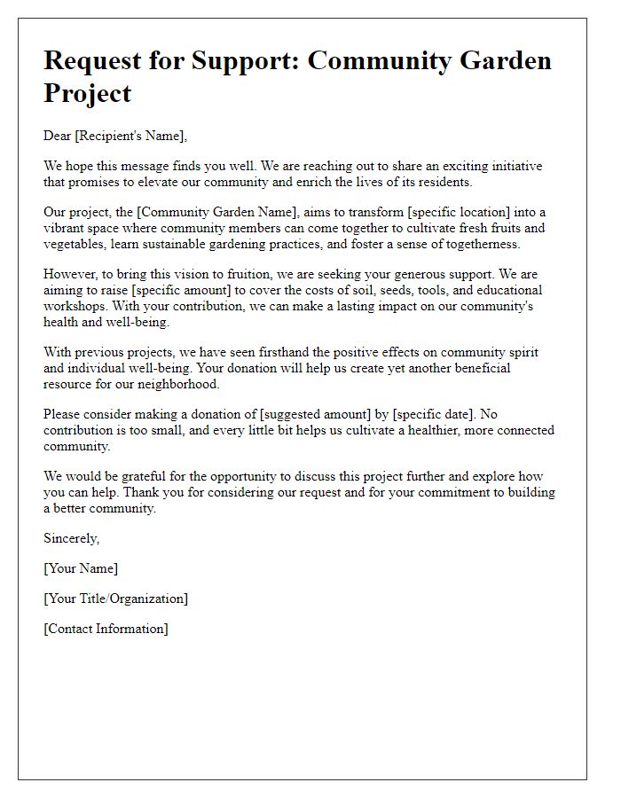 Letter template of a persuasive donation request for a community project.