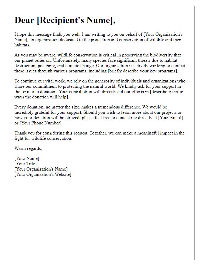 Letter template of a respectful donation request for wildlife conservation.