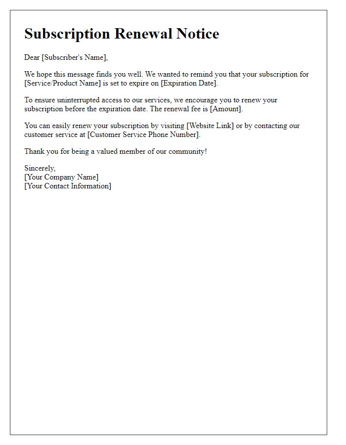 Letter template of subscription renewal notice