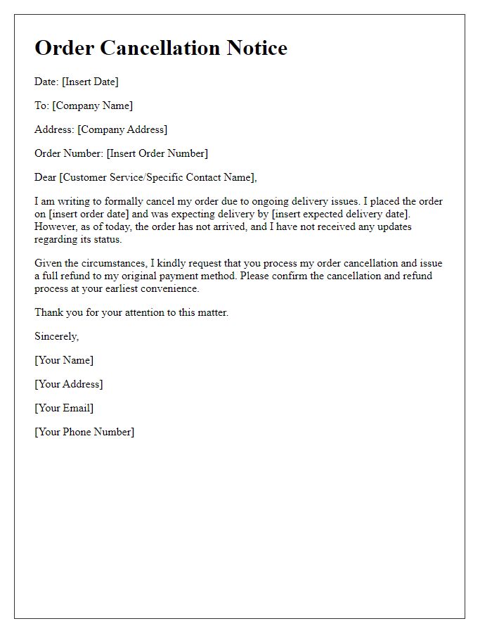 Letter template of order cancellation due to delivery issues