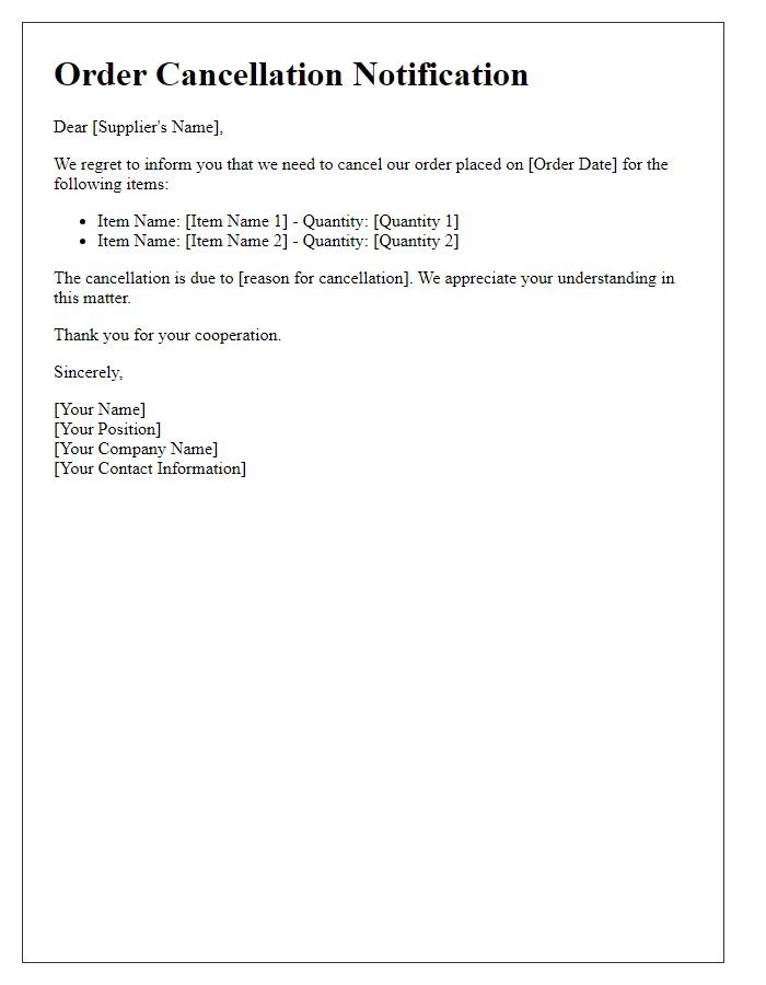 Letter template of order cancellation notification to supplier